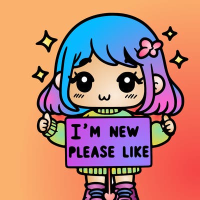 a cute girl holding a sign saying i’m new please like