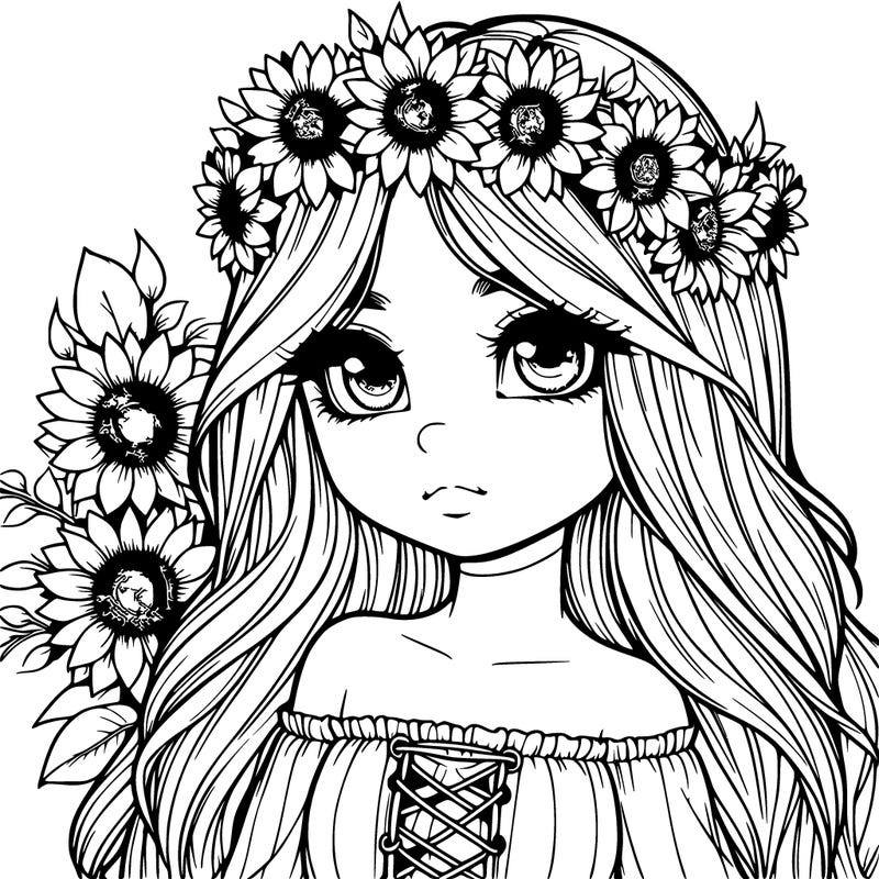 realistic girl with long hair and sunflower crown