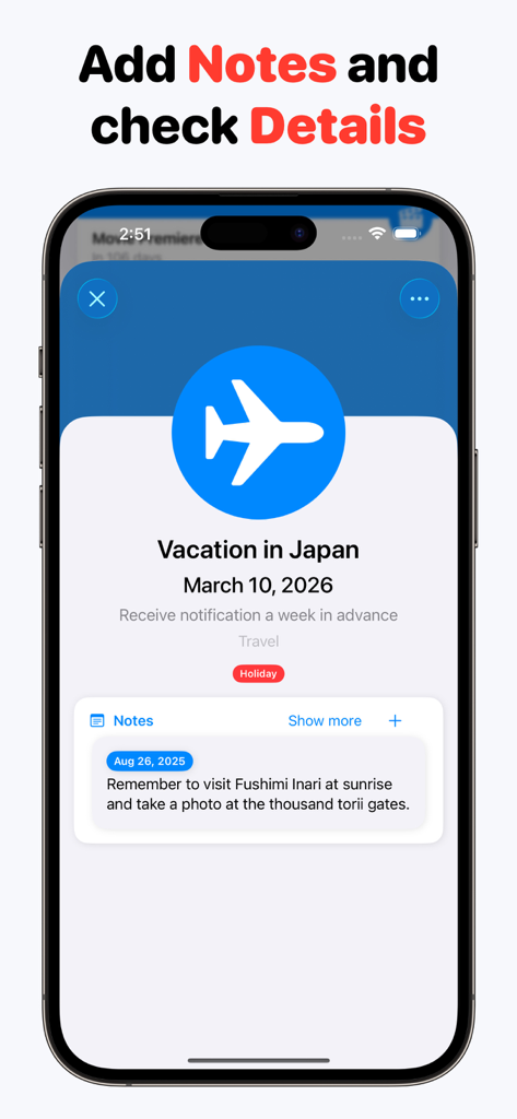 Countdown Widget: Day count - Ein Smartphone-Bildschirm, der den Notizen- und Detailbereich eines Urlaubs-Countdown-Ereignisses in der Countdown Widget App anzeigt.