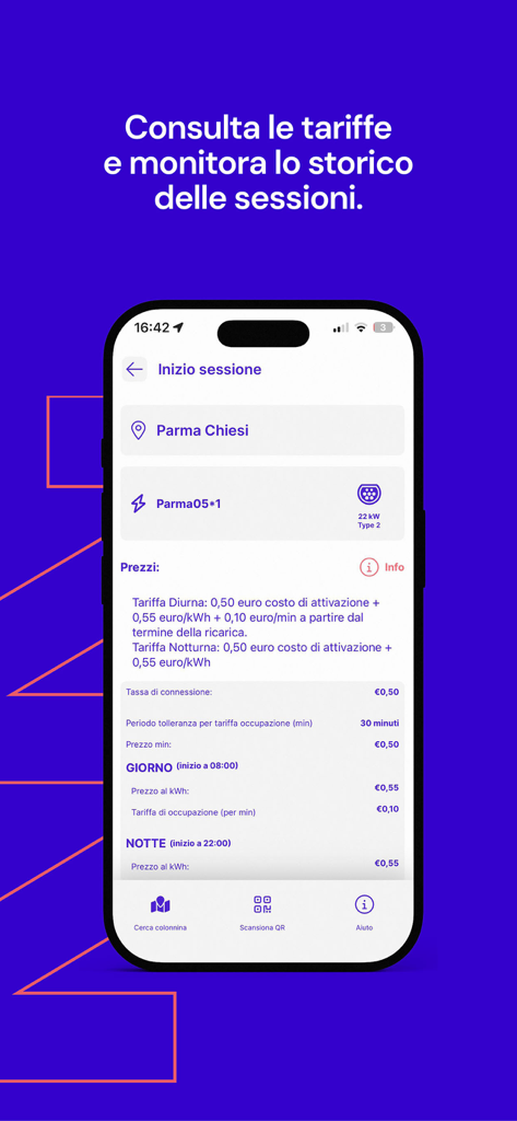 Uattzy – Stazioni di ricarica - Interfaccia dell'app Uattzy che mostra i prezzi di ricarica per veicoli elettrici e i dettagli della stazione