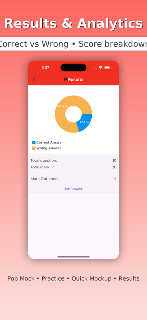 Flight Attendant Exam Quiz - A mobile app screenshot showing the Results and Analytics page of the Flight Attendant Exam Quiz with a donut chart of correct vs wrong answers.