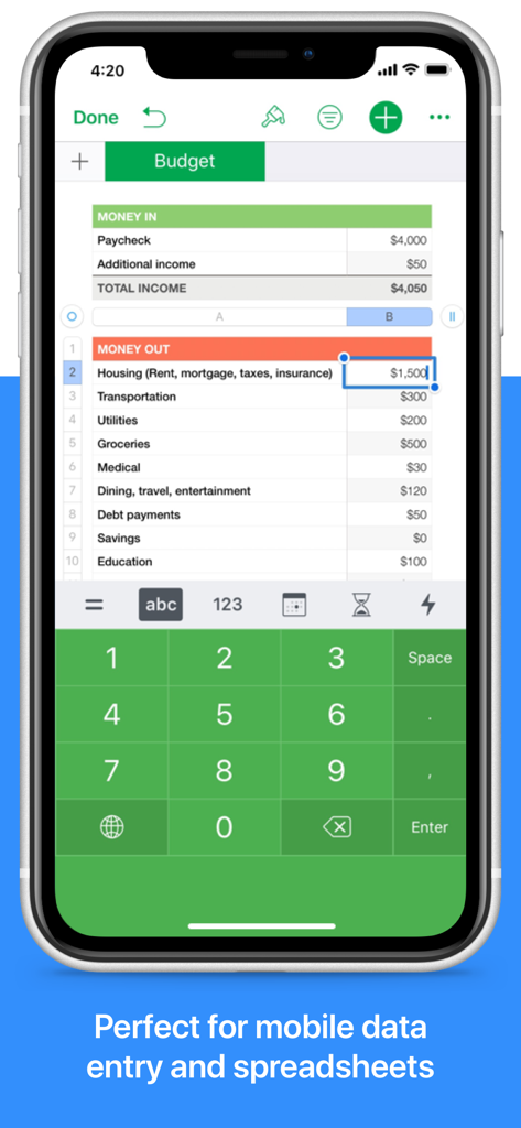 NumPad: Your Number Keyboard - NumPad numeric keyboard being used for data entry in a mobile budget spreadsheet
