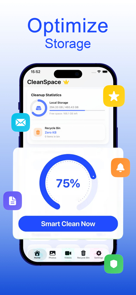 Clean Space AIアプリのインターフェイスに75％のストレージ使用率インジケーターとiPhone最適化のためのスマートクリーンボタンが表示されています
