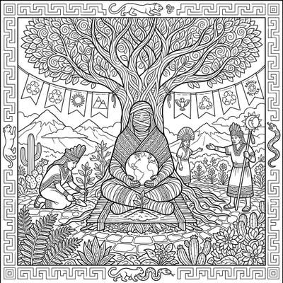 Journey back in time with this captivating coloring page that beautifully blends the mystique of Inca mummies with the vital message of Earth Day. Discover intricate details and symbols of environmental care, perfect for a mindful coloring experience.