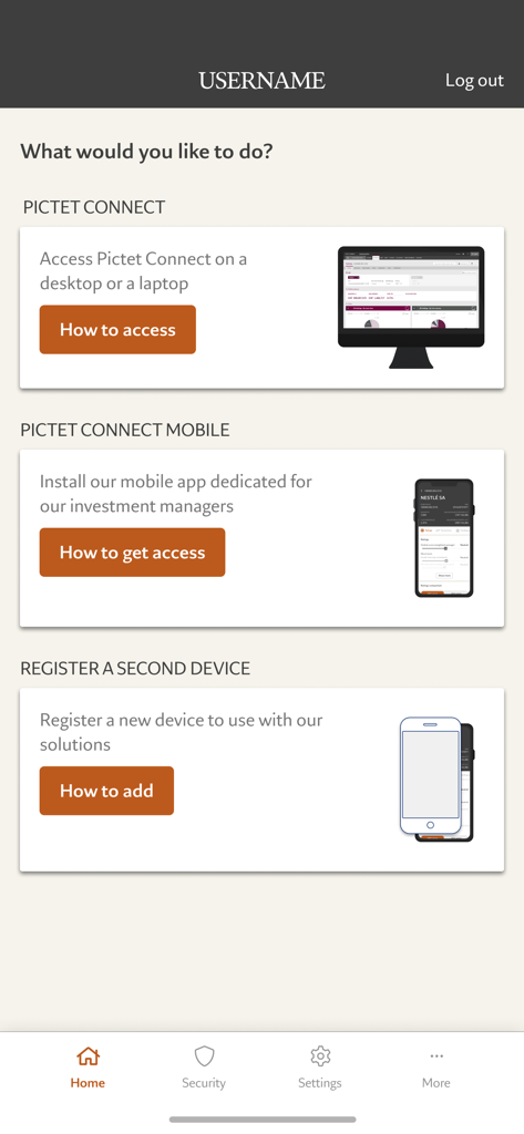The home screen of the Pictet Safe Connect app showing options for secure e-banking access and device registration