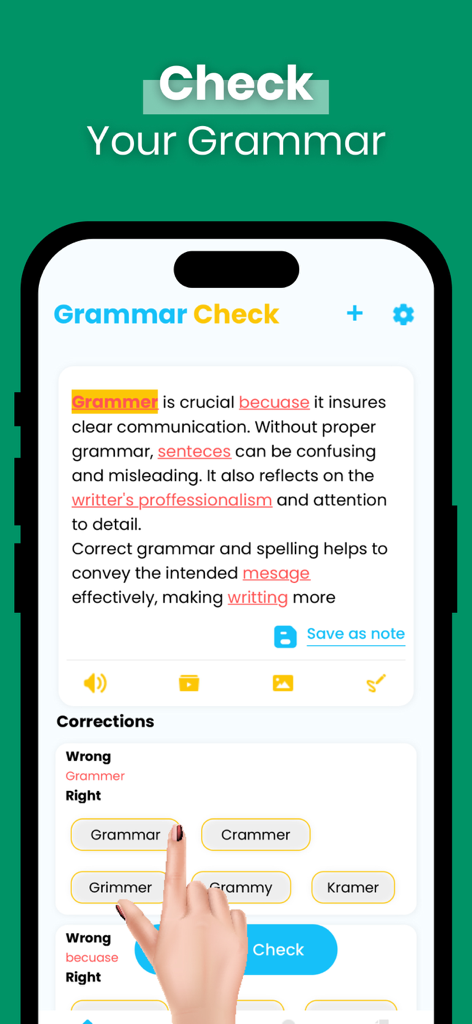Grammar: Sentence Diagrammer - Screenshot of the Grammar Check app showing a text editor with highlighted errors and suggested corrections