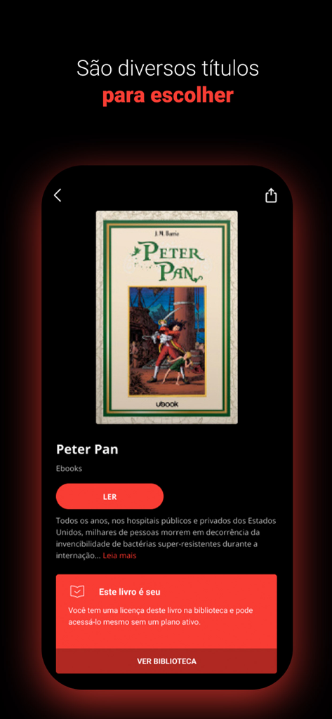 Interface of the Claro Livros app showing the Peter Pan ebook cover with a button to read and a lifetime access message.