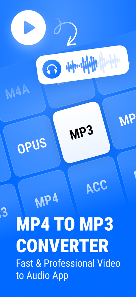 MP4 to MP3 - Audio Converter - Promotional screen of the MP4 to MP3 Audio Converter app highlighting video to audio extraction and supported formats like MP3 and OPUS.