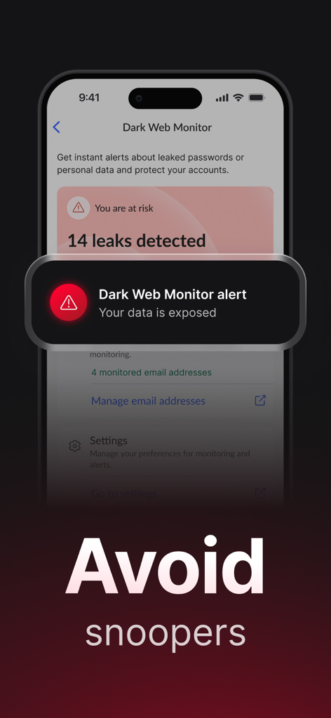 NordVPN app interface showing a dark web monitor alert for data leaks on an iPhone screen