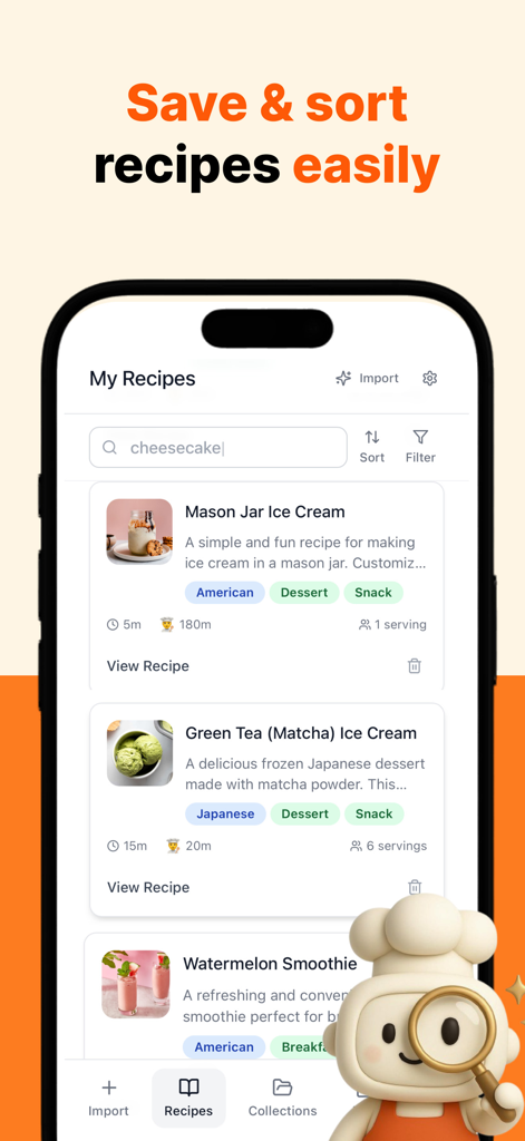 CookBook Recipe & Meal Planner - CookBook app interface displaying saved recipes with sorting and filtering options