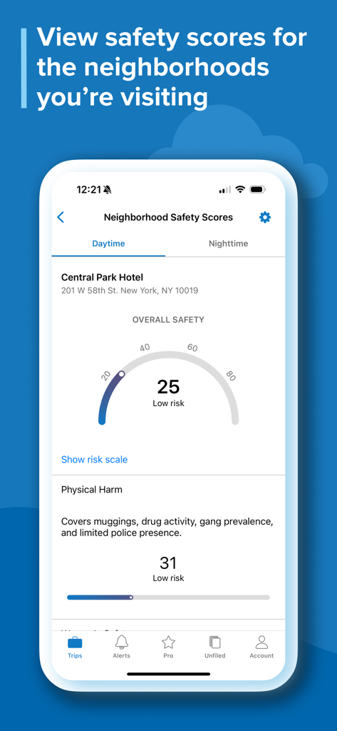 TripIt: Travel Planner - Aplicativo TripIt exibindo pontuações de segurança do bairro para a localização de um hotel em Nova York