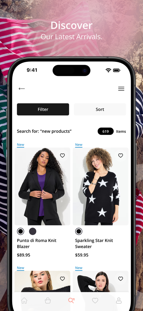 Ulla Popken - A smartphone showing the Ulla Popken mobile app product list with plus-size fashion items like a knit blazer and a star pattern sweater.