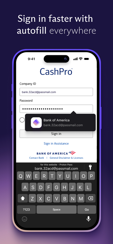 Proton Pass password manager autofilling login credentials on an iPhone mobile app screen.
