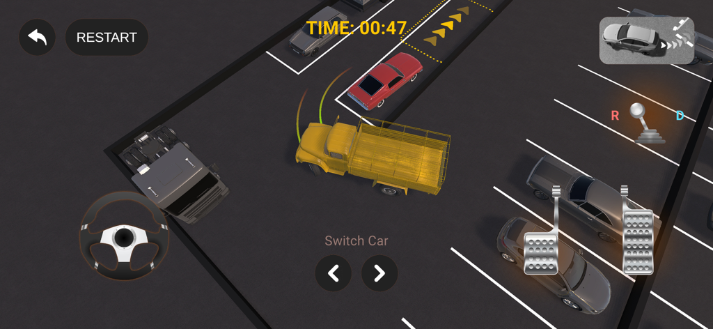 3D Car Parking Driving School - Top-down gameplay view of a yellow truck maneuvering in a 3D car parking simulator