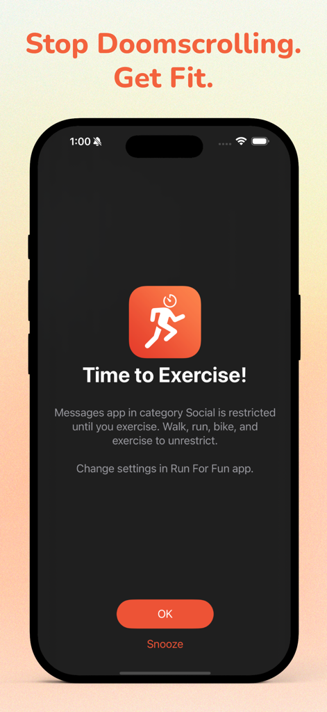 Run For Fun: Screen Time Focus - Una pantalla de teléfono que muestra una indicación de tiempo para hacer ejercicio que restringe las aplicaciones de redes sociales hasta que se complete la actividad física.