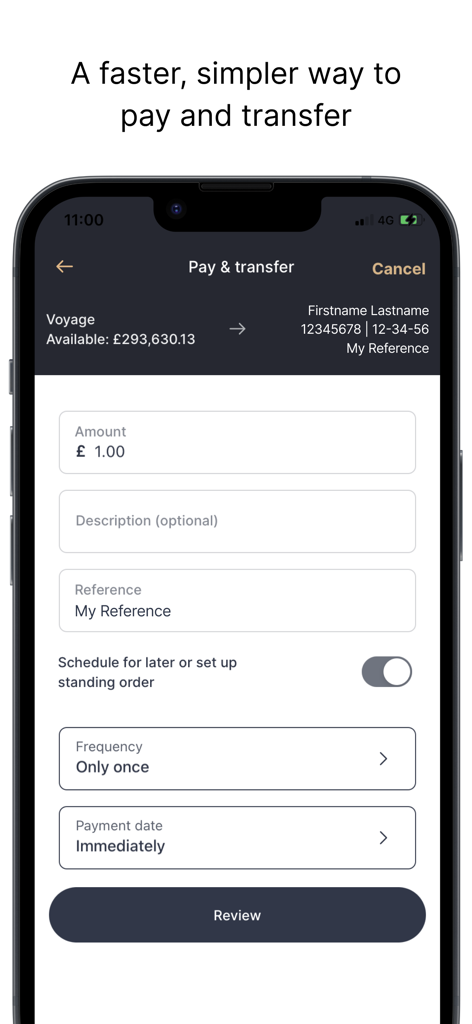 Investec UK mobile app interface for making payments and transfers from a high-net-worth account.
