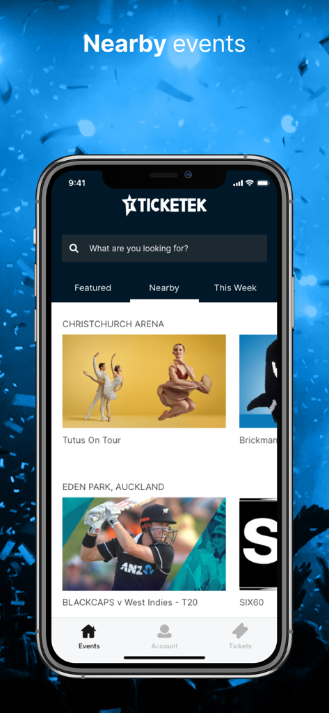 Ticketek NZ mobile app interface displaying nearby live events in New Zealand including ballet and cricket