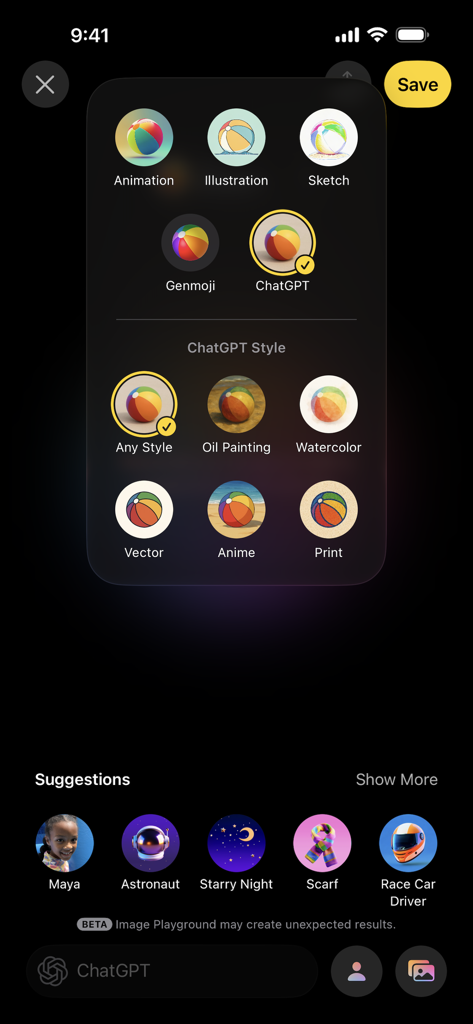 Image Playground - Oberfläche der Apple Image Playground App, die verschiedene KI-Generierungsstile und Vorschläge anzeigt