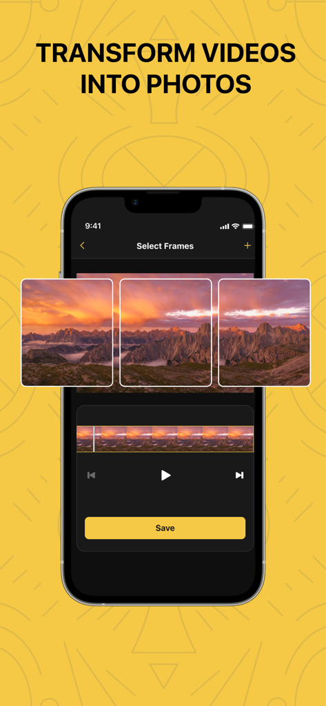 Oberfläche der Frame Grabber App, die eine Videosequenz und extrahierte Fotobilder eines Bergsees bei Sonnenuntergang zeigt.