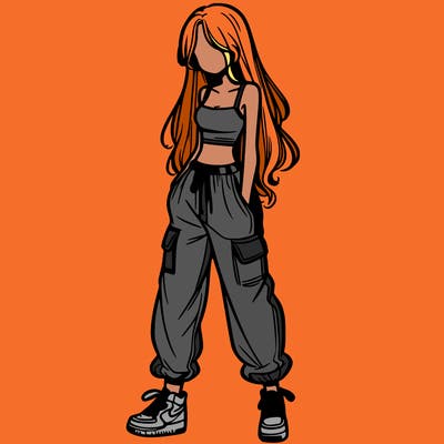 girl in baggy pants crop top and long hair