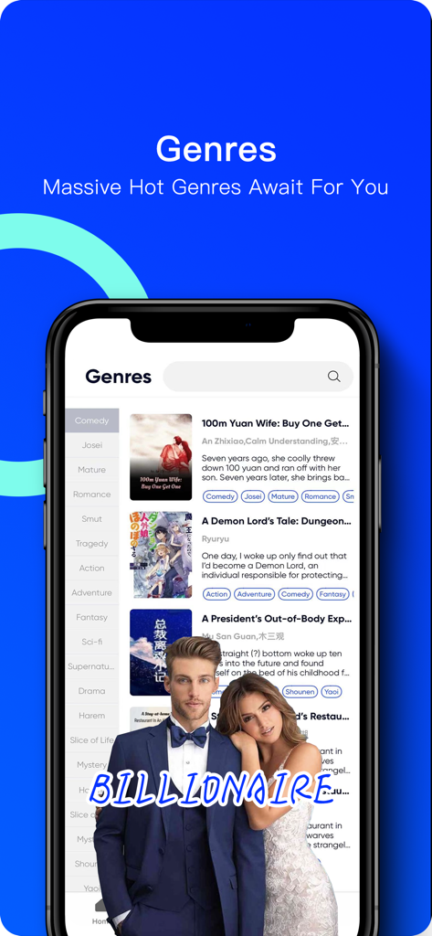 Dolphin Reader - Dolphin Reader app interface showing a list of book genres and a featured billionaire romance story.