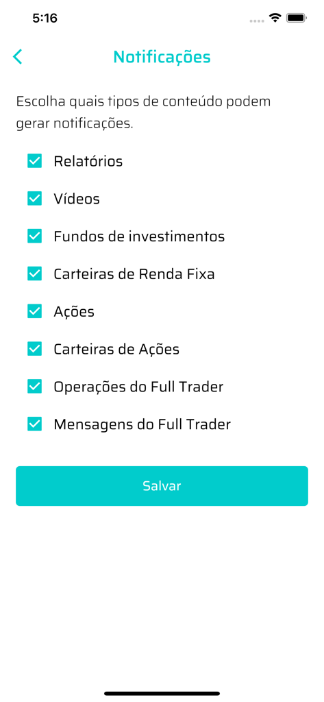 Tela de configurações de notificação no aplicativo Capitalizo para gerenciar alertas sobre relatórios financeiros e portfólios de investimento.