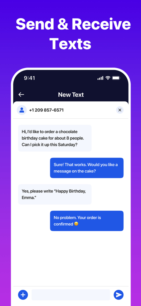 Captura de pantalla de la aplicación Text Go que muestra una conversación de chat para un pedido comercial utilizando un segundo número de teléfono.