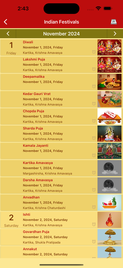 Drik Panchang app displaying a list of Indian festivals for November 2024 including Diwali and Lakshmi Puja