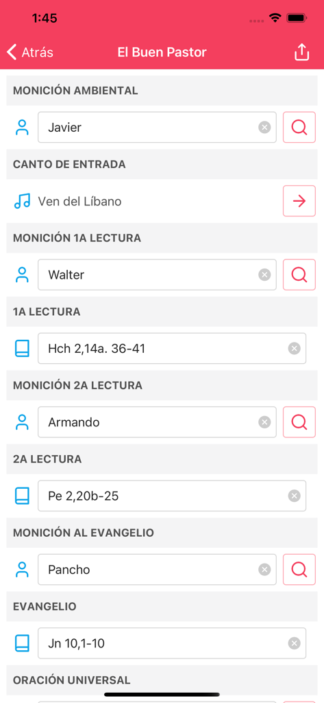 Interface de l'application iResucitó affichant une liste de lectures et de chants pour une célébration religieuse