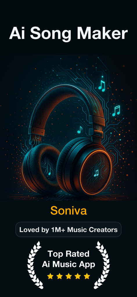 AI Song Maker - Soniva Music - AI Song Maker Soniva app splash screen featuring futuristic headphones and a top rated app badge