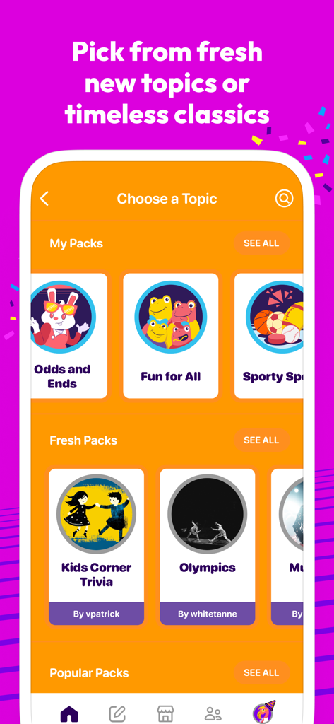 Interface of Sporcle Party app showing various trivia packs like Kids Corner Trivia and Olympics