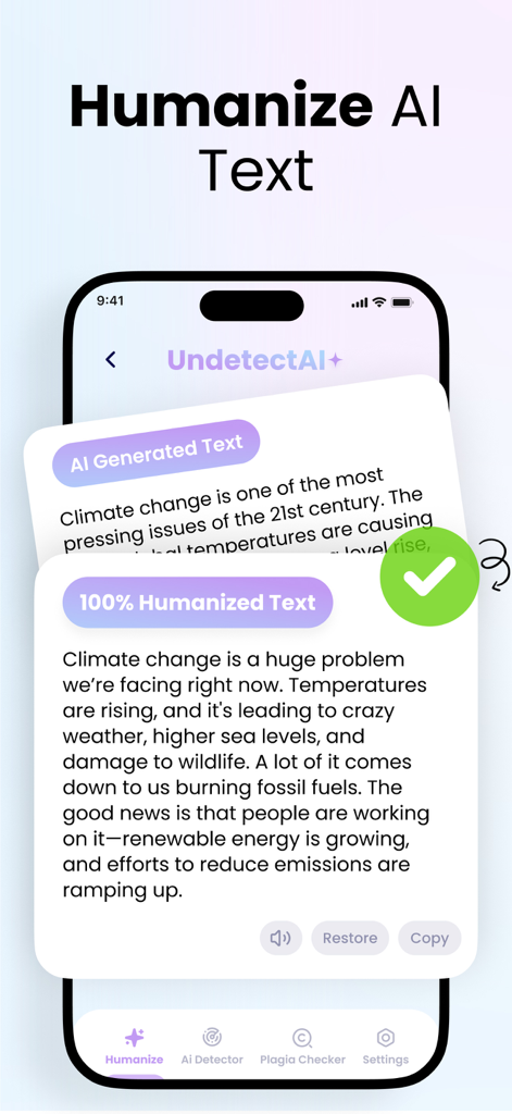 AI Text Humanizer : UndetectAI - UndetectAI app interface showing a comparison between AI generated text and 100 percent humanized text