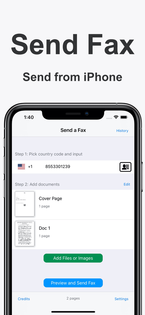 FaxGun app interface on iPhone showing the send a fax screen with recipient number and attached documents.