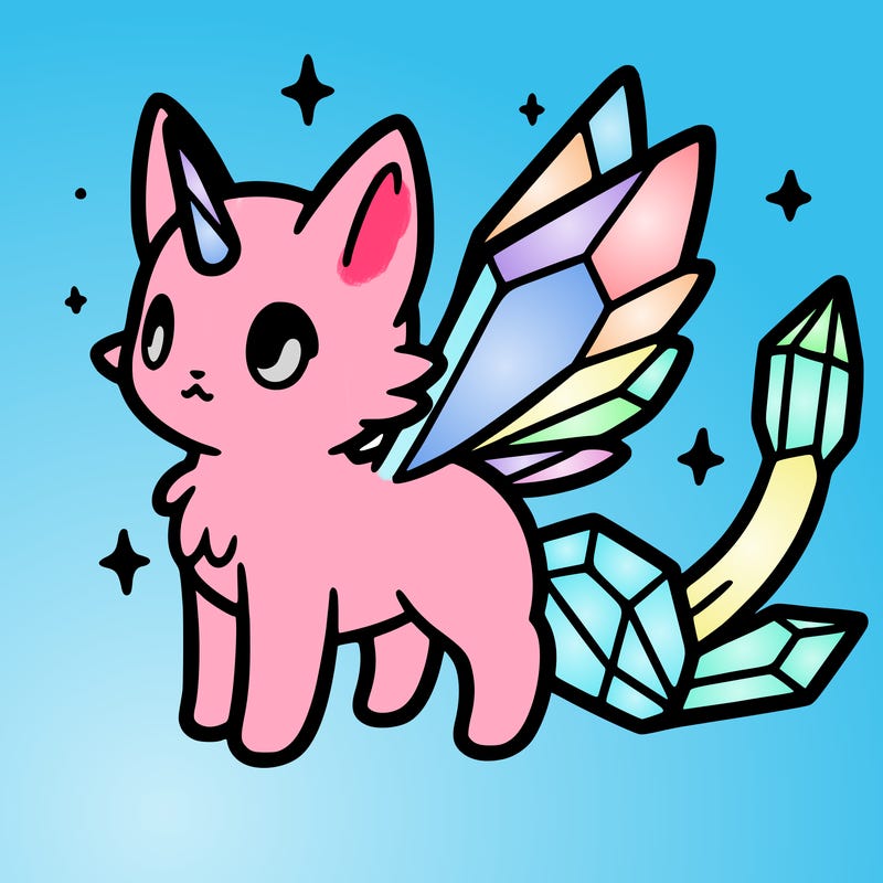 a crystal cat with crystal wings and horn