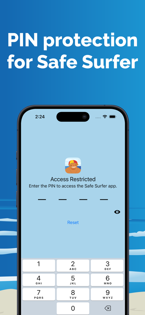 Safe Surfer - Safe Surfer app showing an access restricted screen with a PIN entry keypad for parental control and privacy.