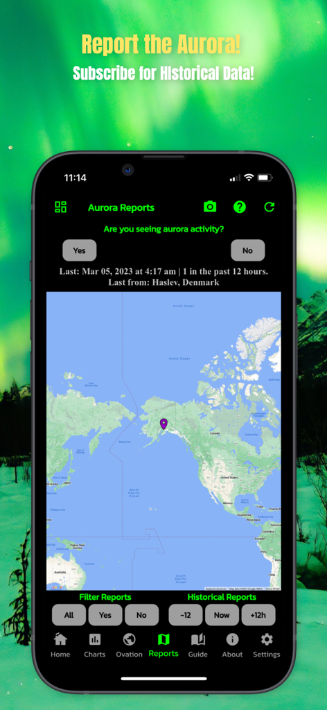 Amazing Aurora - Amazing Auroraアプリのレポート画面に、アラスカにピンが立った世界地図と、観測情報を報告するボタンが表示されています。