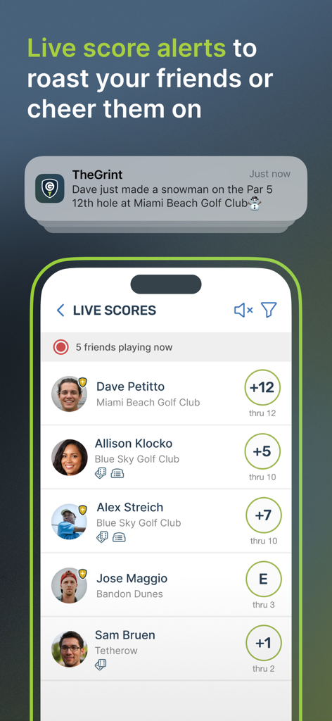 TheGrint App-Oberfläche zeigt Live-Score-Benachrichtigungen und eine Rangliste von Freunden, die in Echtzeit Golf spielen.