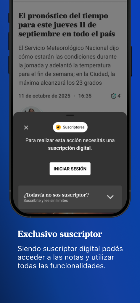 LA NACION - Mensaje de inicio de sesión de suscripción digital para contenido exclusivo en la aplicación de LA NACION.