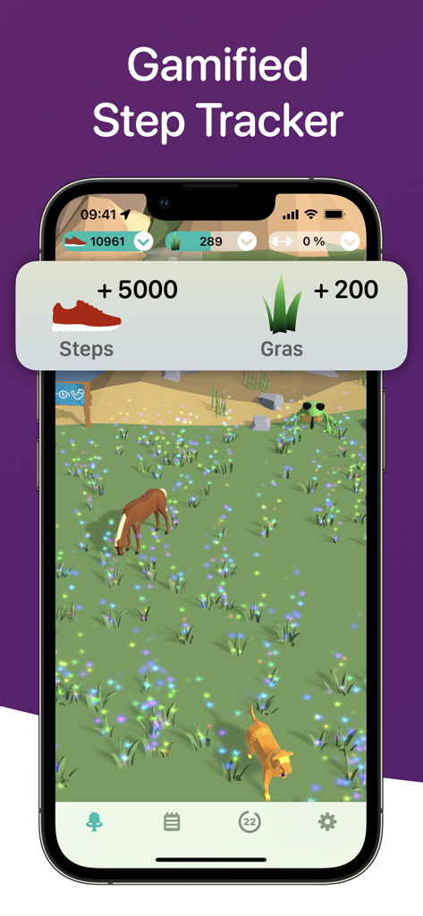 Treeceps: Fitness Workout Game - Treeceps app interface showing a gamified step tracker where real-world walking steps earn grass for virtual animals in a 3D field