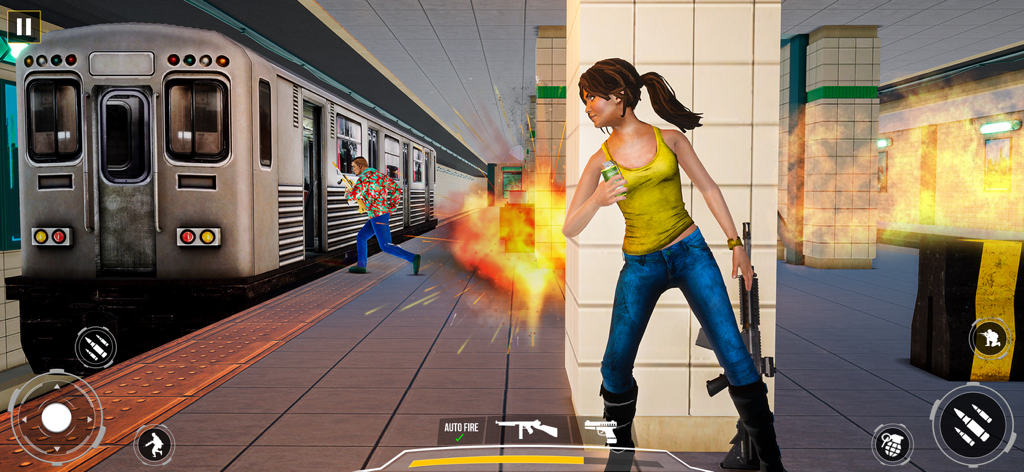First war of gun shooting 2025 - A female character taking cover behind a pillar in a subway station during a combat mission in a mobile shooting game