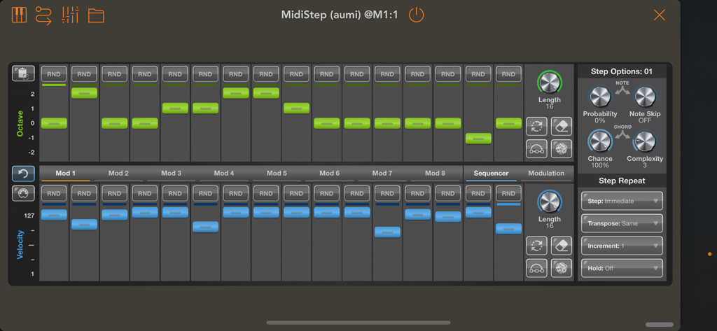 Interfaz del secuenciador de pasos polifónico MidiStep que muestra las pistas de octava y velocidad.