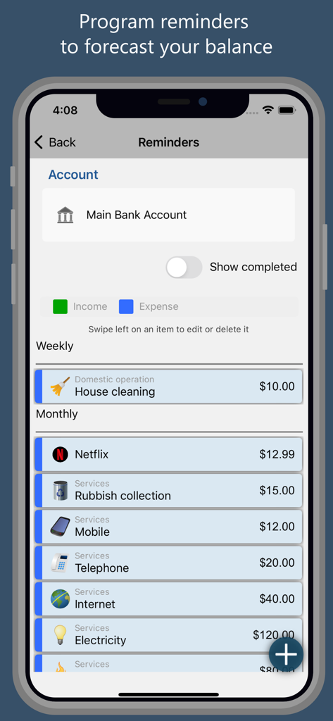 Recordatorios de facturas mensuales y lista de gastos del hogar en la aplicación Homeasy