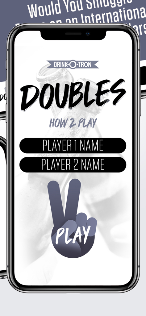 Start screen of the Doubles drinking game app showing name entry fields for two players and a play button
