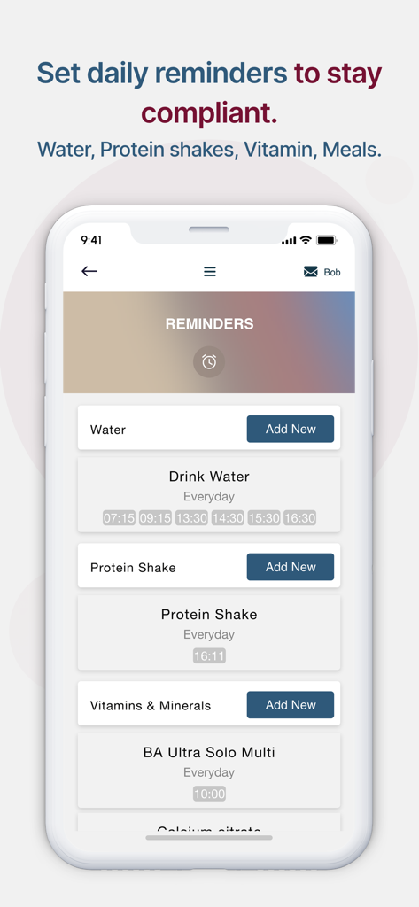A mobile interface for Baritastic app showing daily scheduled reminders for water protein shakes and vitamins