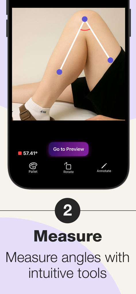 Angulus Pro - Precision Angle - Interface do aplicativo Angulus Pro medindo um ângulo de 57,41 graus em uma articulação do joelho