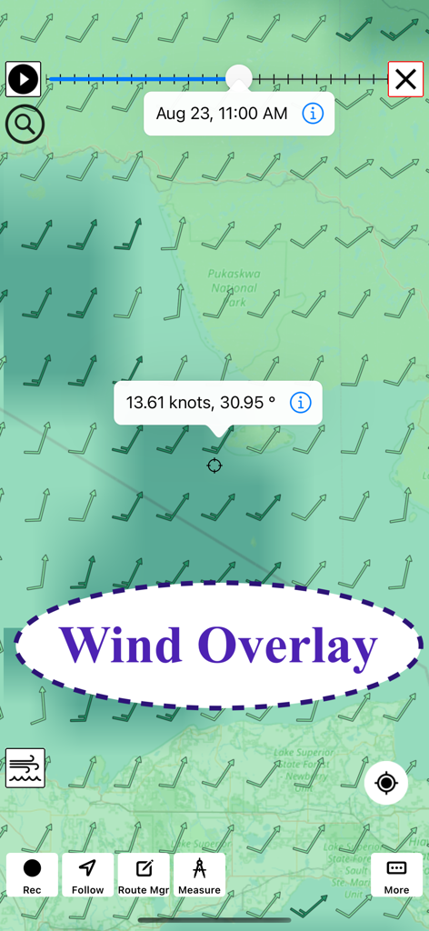 Marine weather map showing wind speed knots and direction barbs forecast