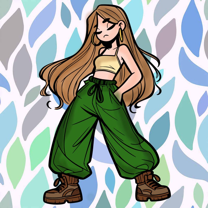 girl in baggy pants crop top and long hair