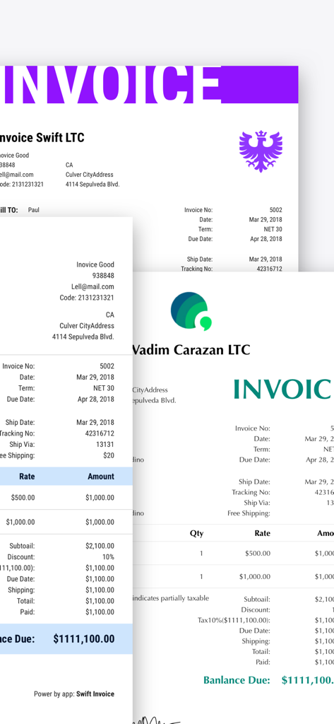 Professional invoice templates on the Swift Invoice mobile app