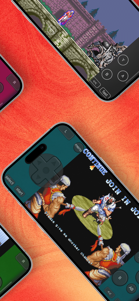 Multiple iPhones displaying classic retro games using an all-in-one emulator with touch controls