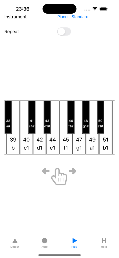 Accurate Piano Tuner - Interface of the Accurate Piano Tuner app showing a virtual keyboard with note labels for pitch reference
